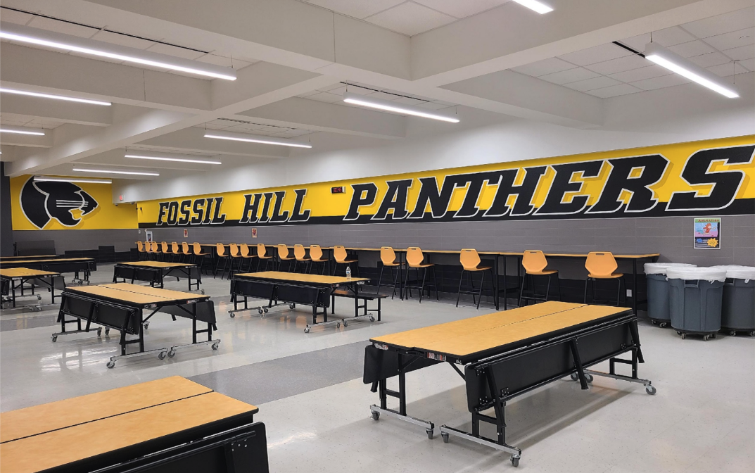 Black and gold cafeteria wall painting of panther and text that says, "Fossil Hill Panthers"
