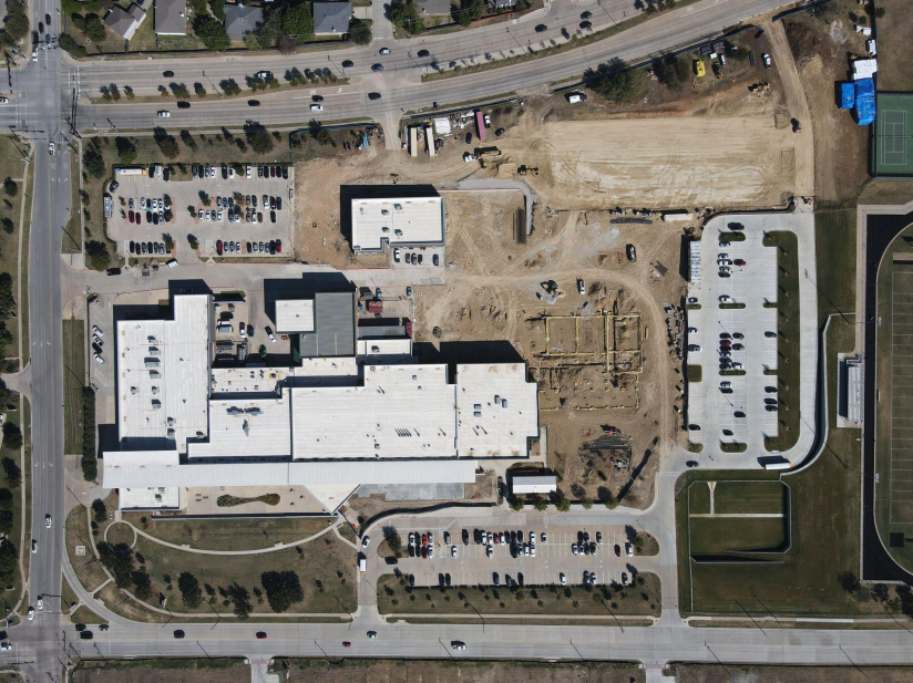 Aerial view of KCAL building and parking lot. 