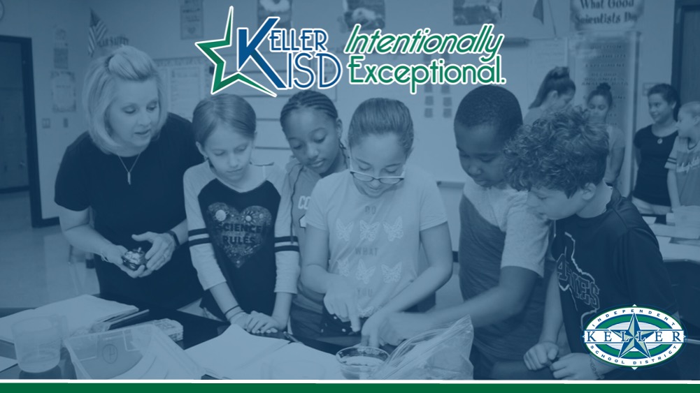 First slide of KISD's overview slideshow, showing a teacher working with a group of students with a blue tint overlayed 