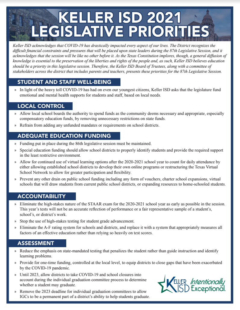 Preview of Keller ISD Legislative Priorities; click for PDF version 
