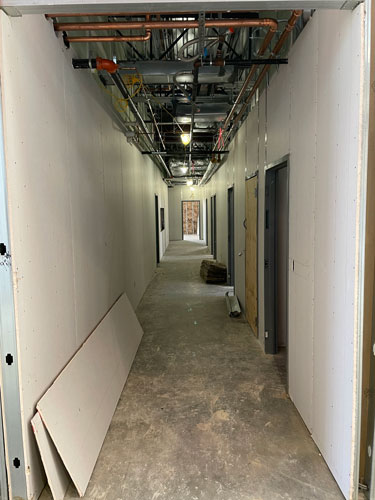 Looking down an administrative hallway at the new HES 