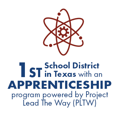 Atomic symbol icon with text: "1st school district in Texas with an apprenticeship program powered by project lead the way" 