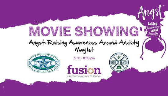 Graphic stating "Movie Showing. Angst: Raising Awareness Around Anxiety. May 1st. 6:30-8 p.m." 