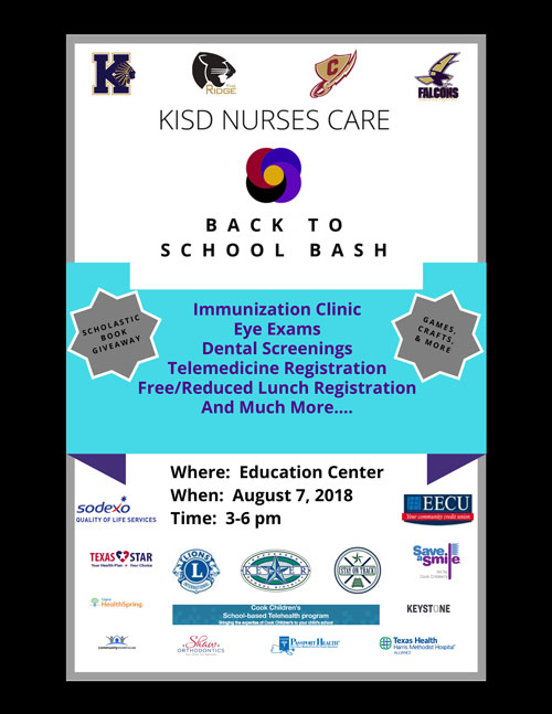 Graphic: KISD Nurses Care Back to School Bash. Click for full PDF flyer 