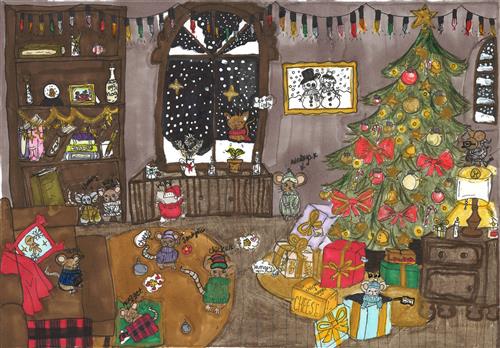christmas scene wth tree and mice dressed up for the holidays